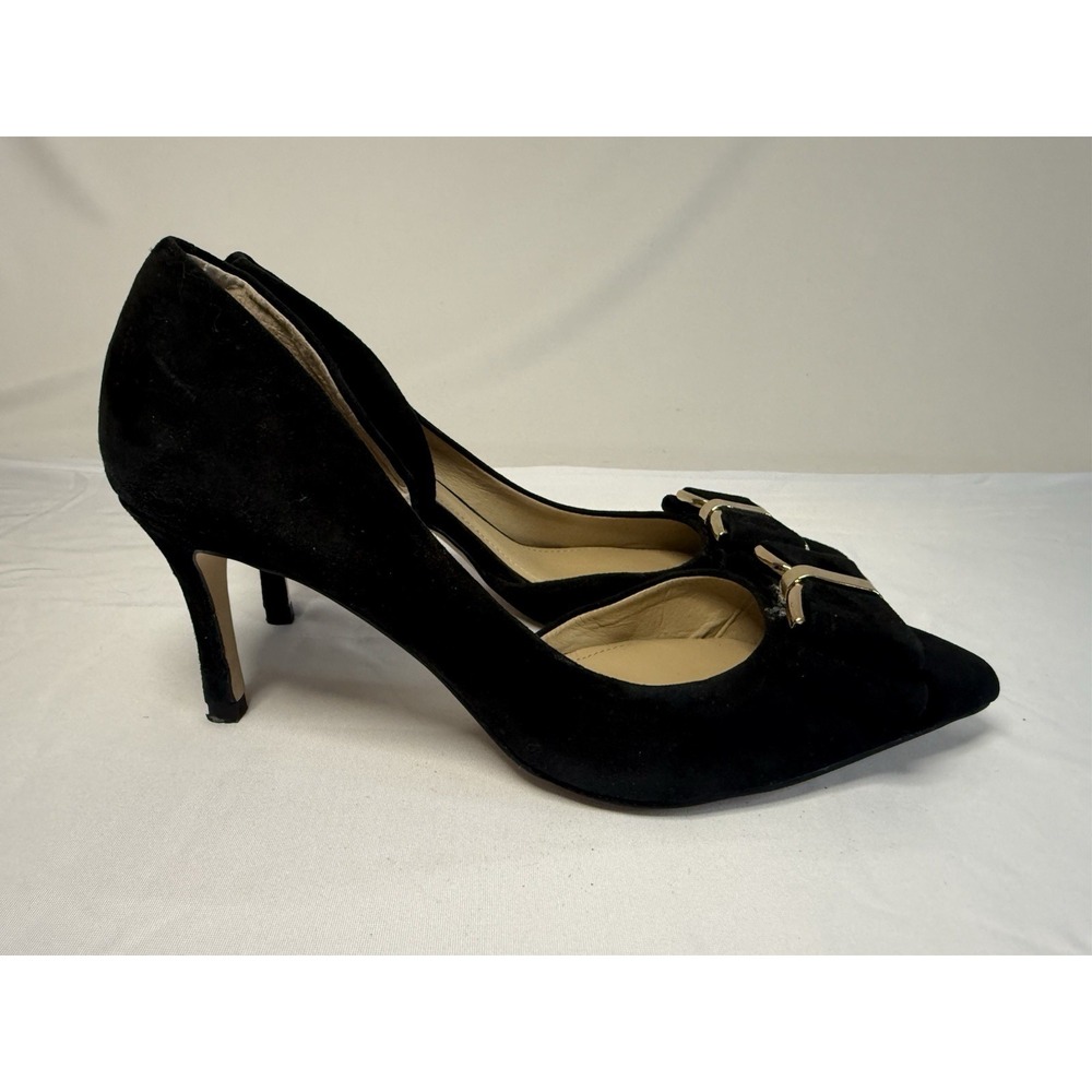 BCBG Generation Size 7 / 37 Perry Black Suede Heel Gold Bow Accent